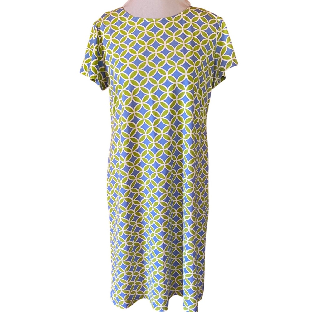 Katherine Way Women's Blue Lime Green Geometric Shift Dress Large Made in USA